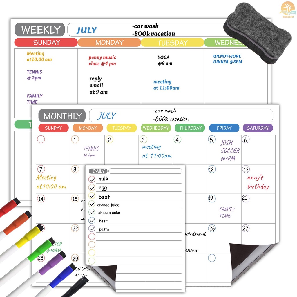 Magnetic Dry Erase Calendar Whiteboard Fridge Magnet Flexible Daily Message Stickers Included Monthly Weekly Daily Calendar Whiteboard 5 Board Pen 1 Eraser for Organizer Schedule Planner To Do List Notepad Wall Set