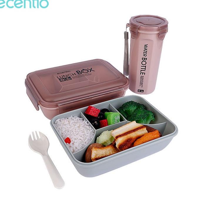 9.9 ecentio 2/4 Sekat lunch box set tempat makan anti tumpah 1100ml Kotak makan dan botol minum lucu