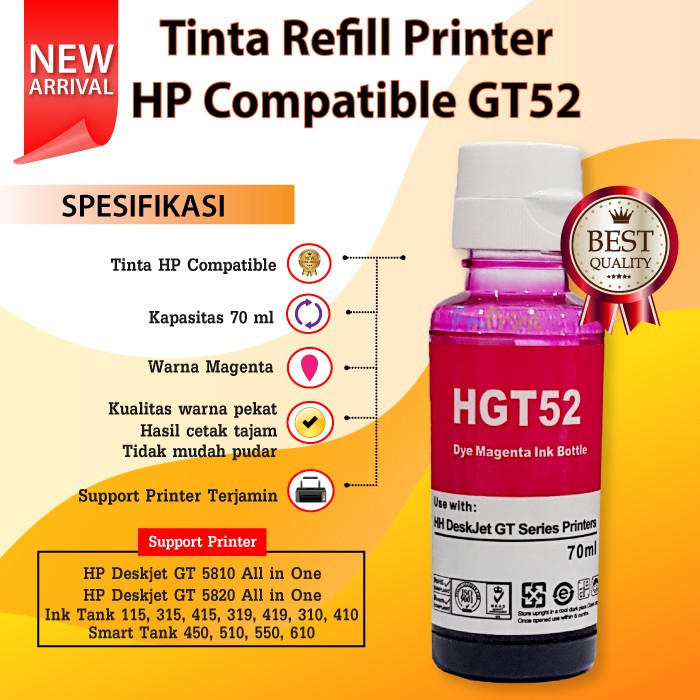 Tinta Refill HP GT51 GT52 GT53 Printer HP DeskJet GT5810 GT5820 315 310 115 410 415 419 All In One