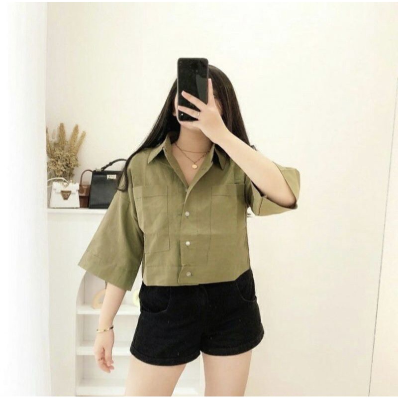 Kemeja Crop Linen Pocket Wanita Oversized Shirt Linen outer Crop Linen Baju kemeja korea style