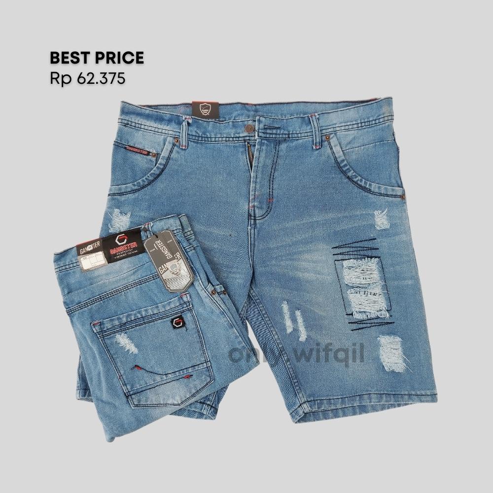 [BIRU TERANG] CELANA JEANS PENDEK PRIA SOBEK - RIPPED JEANS GANGSTER