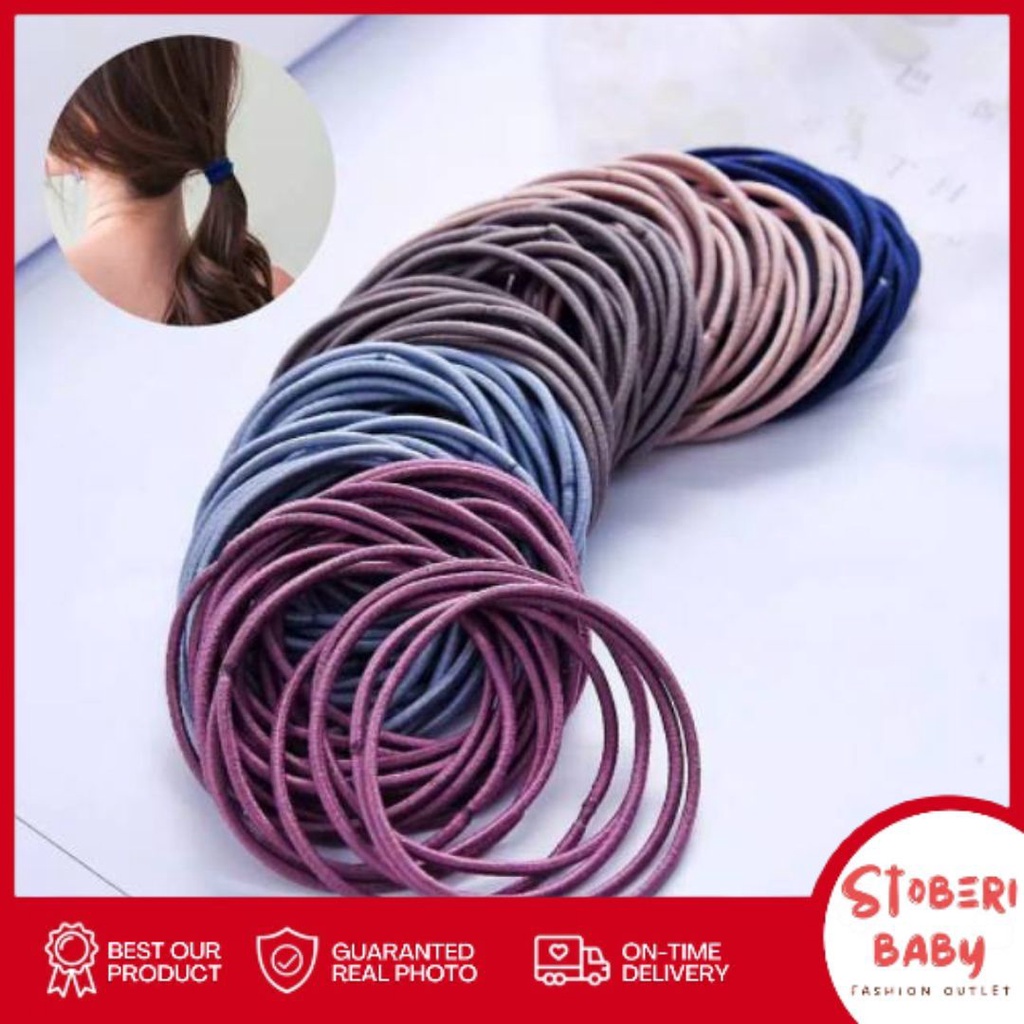 stoberi baby - IKAT RAMBUT ONNIE 100pcs + pouch ikat rambut karet polos warna-warni anak dewasa import ala korea