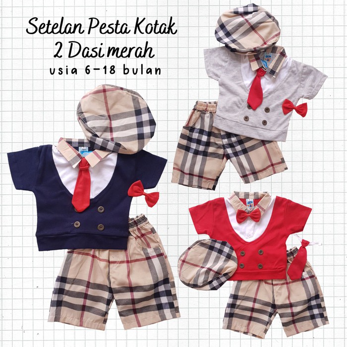 Baju Setelan Anak Bayi Laki Cowok - Coklat Golf Dasi Topi Pet Size Ukuran S M L Usia 6-18 Bulan