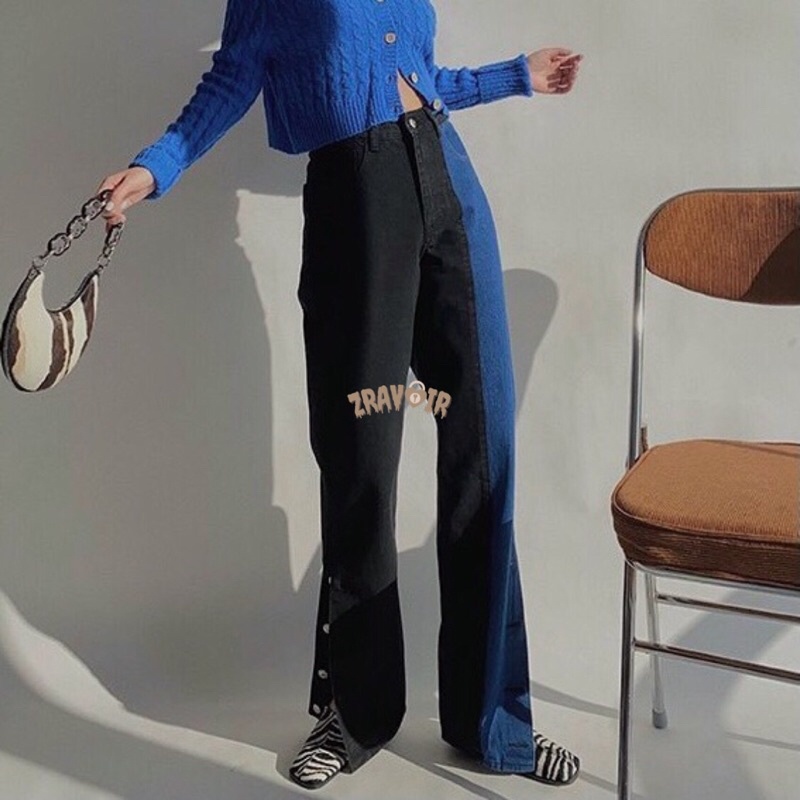 ELOISE NAVY AND BLACK TWO TONE LIGHT BLUE HIGHWAIST BAGGY LOOSE JEANS | TWO TONE JEANS | BAGGY JEANS