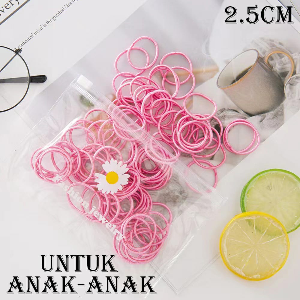 KARET RAMBUT ELASTIS ANAK-ANAK ISI 100 PCS FASHION JEWERLY FREE POUCH TRANSPARAN | IKATAN RAMBUT LEMBUT WARNA-WARNI ANAK KECIL WARNA SOFT