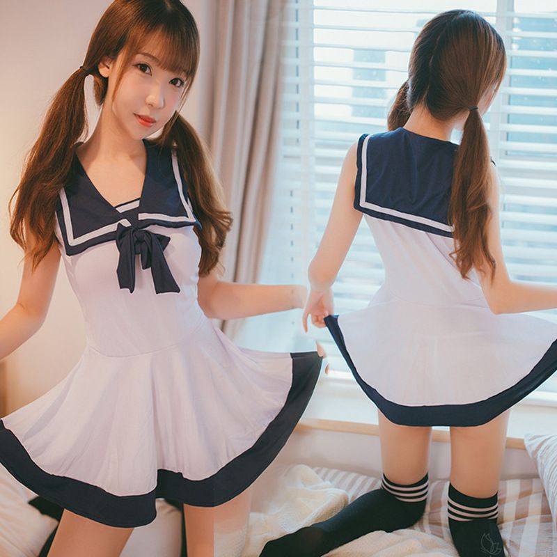 PREMIUM Terusan Seragam Sailor Sekolah Jepang Model Dress Putih Pita Cosplay Seifuku