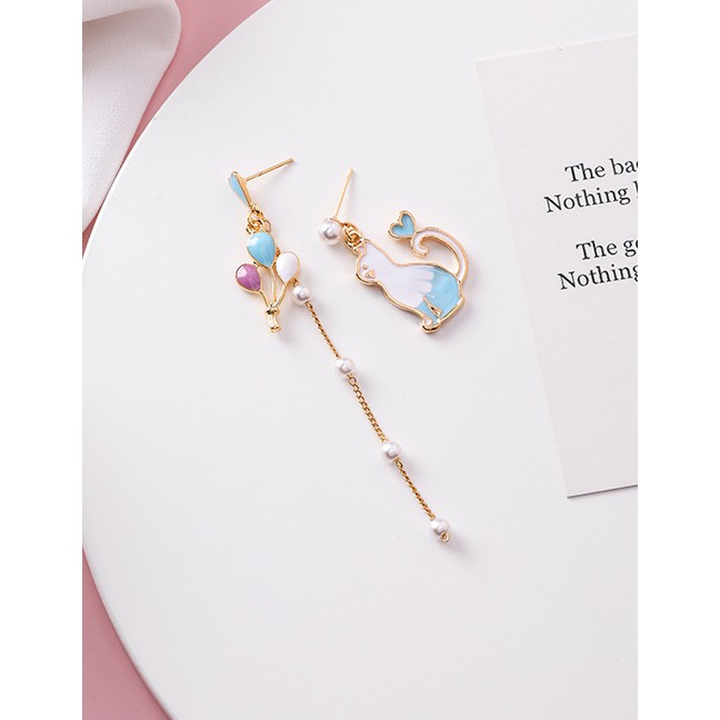 LRC Anting Tusuk Fashion 925 Silver Needle Balloon Fringe Cat Asymmetric Earrings F76796