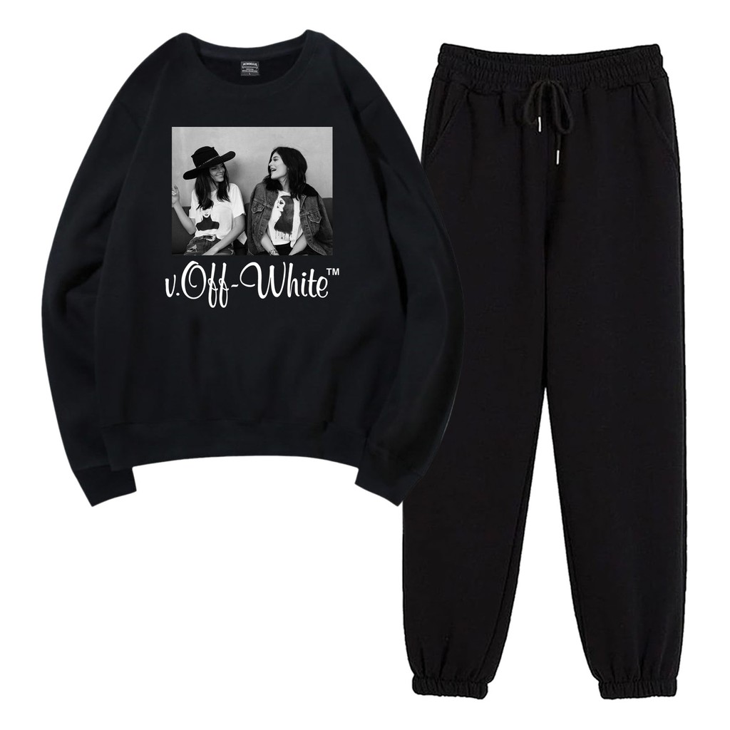 BESS - Baju Setelan Wanita Murah / Setelan Sweater + Jogger Hitam - OFF WHITE