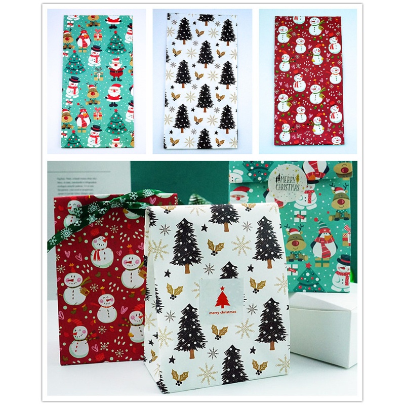 Zzz 10Pcs / Set Kantong Kertas Motif Kartun Santa / Rusa / Manusia Salju / Snowflake Untuk Permen / Kue Natal