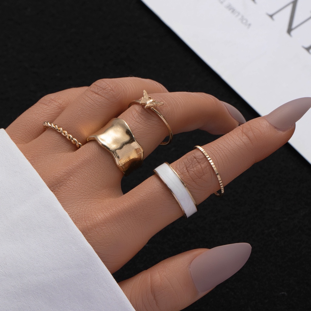 AY(CN) Set Cincin Desain Kupu-Kupu Hati Aksen Mutiara Warna Emas Dan Silver Gaya Korea Untuk Wanita