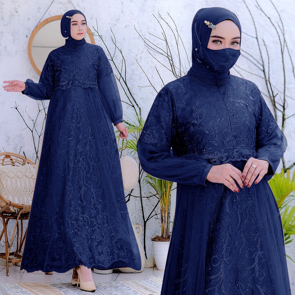 (New Free Masker Brukat)Selvia Brukat Tile Mutiara/ Size S-M, L , XL, XXL / Gamis Pesta /Maxi Dress Kondangan /Brokat Muslimah