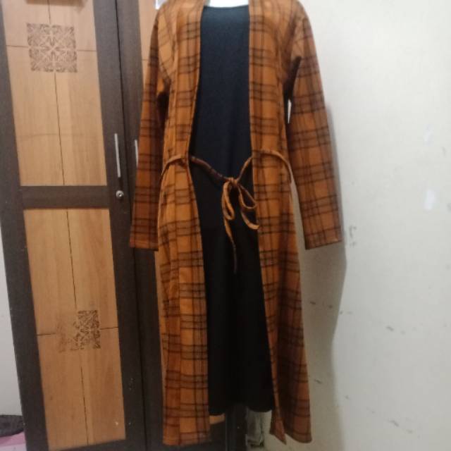 Long tunik outer nyatu motif kotak bahan adem nyaman d pakai sehari-hari