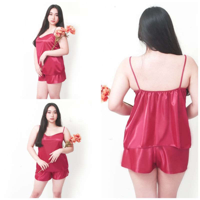 Setelan babydoll wanita sexy set celana pendek big size baju tidur satin jumbo marron 1526MBD_XL