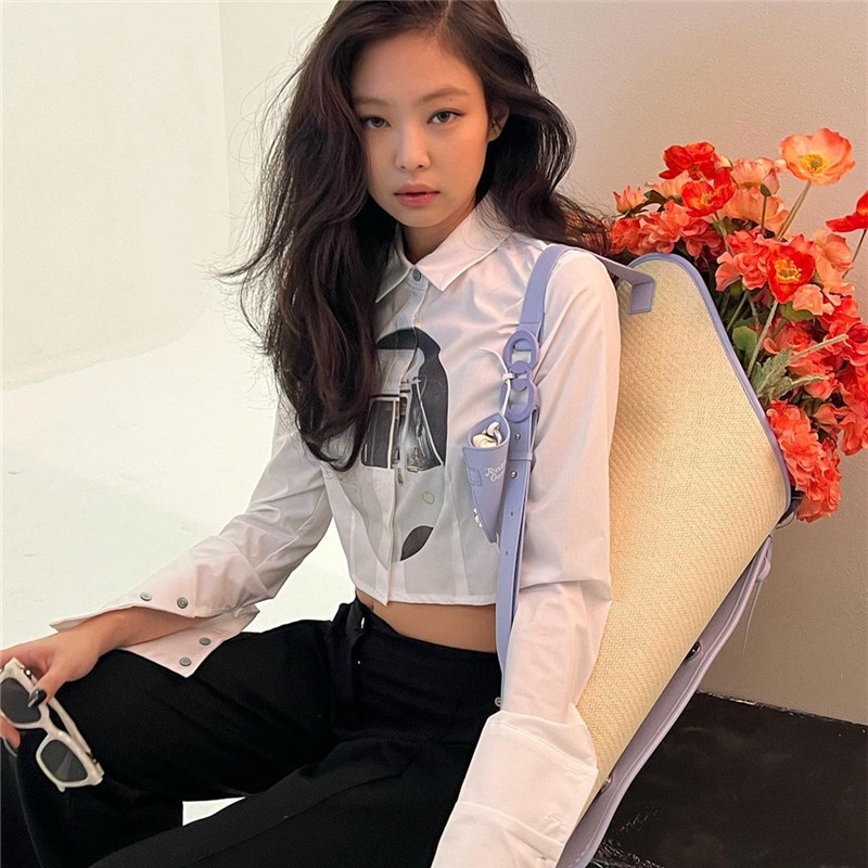 【AMY J】Jennie style Long-Sleeved Shirt Casual Cotton Crop midriff Top 7360