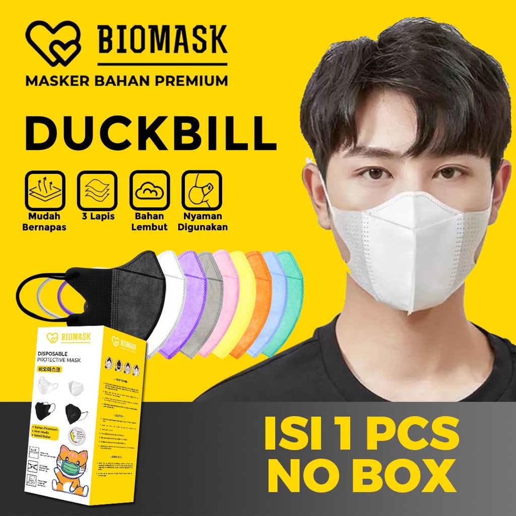 BIOMASK Masker Duckbill 1 Pcs 3ply Earloop Hitam / Putih / Biru / Pink / Ungu / Abu Premium Mask Ear