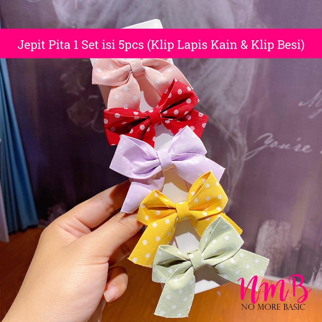 Jepitan Rambut Anak Perempuan Korea Jepit Pita Set Jepitan Pita1 Set isi 5 pcs Klip Lapis Kain &amp; Klip Besi Rambut Anak Motif Lucu