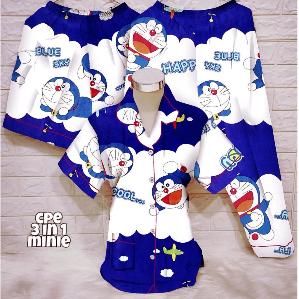 JNV Piyama Dewasa CP 3in1 Motif Karakter Kartun 01 - Baju Tidur 3in1 - Bahan Katun-Doraemon Awan - Navy