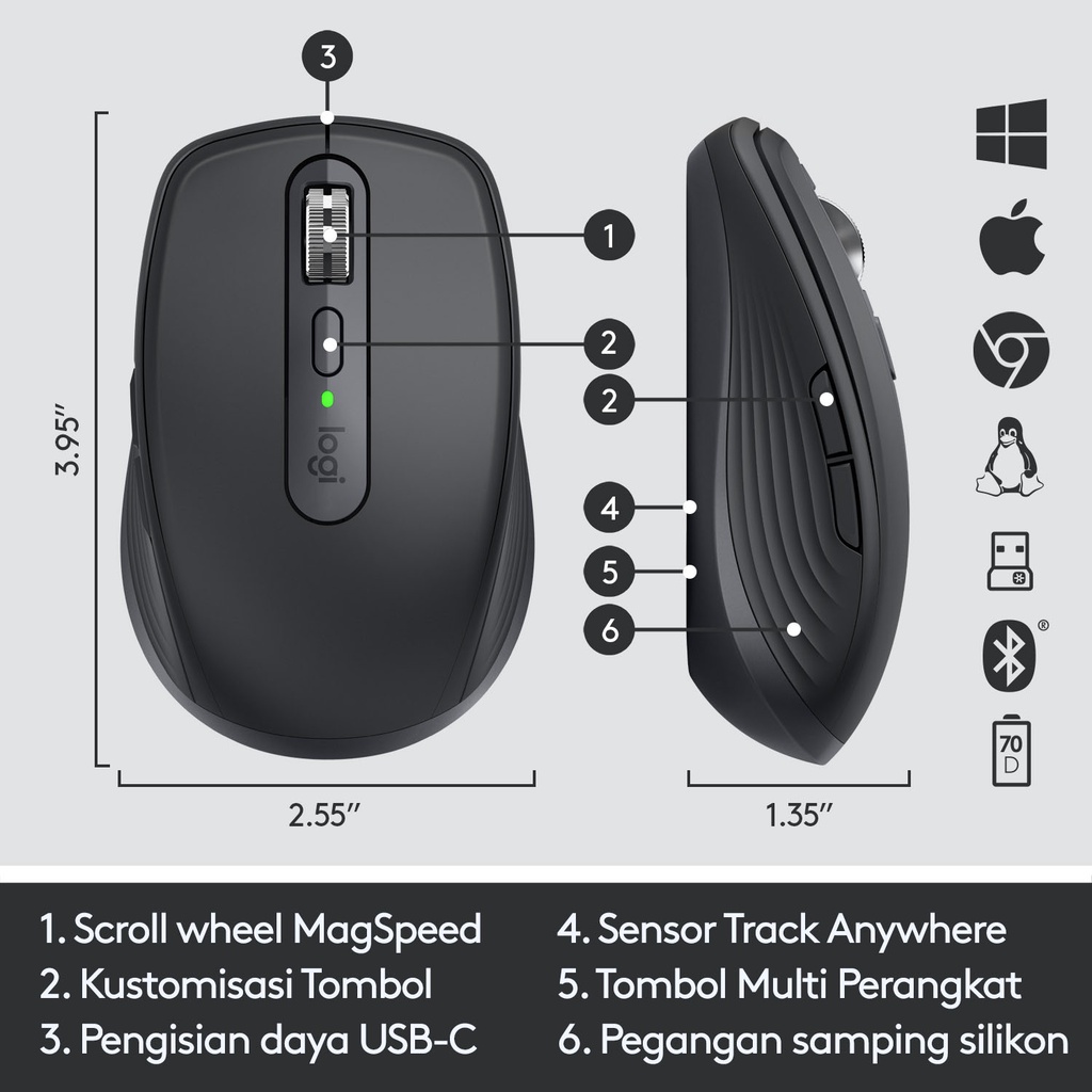 Logitech MX Anywhere 3 Mouse Wireless Performance Compact - Graphite