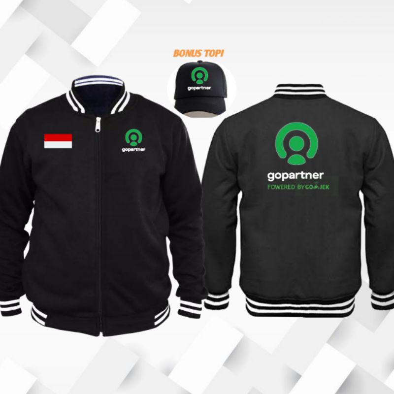 Jaket varsity JIPPR gopartner bonus topi jaring cotton FLECEE tebal