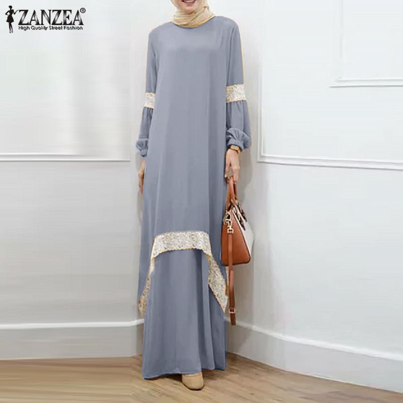 ZANZEA Women Fashion Full Sleeve O-neck Lace Patchwork Solid Muslim Long Dress