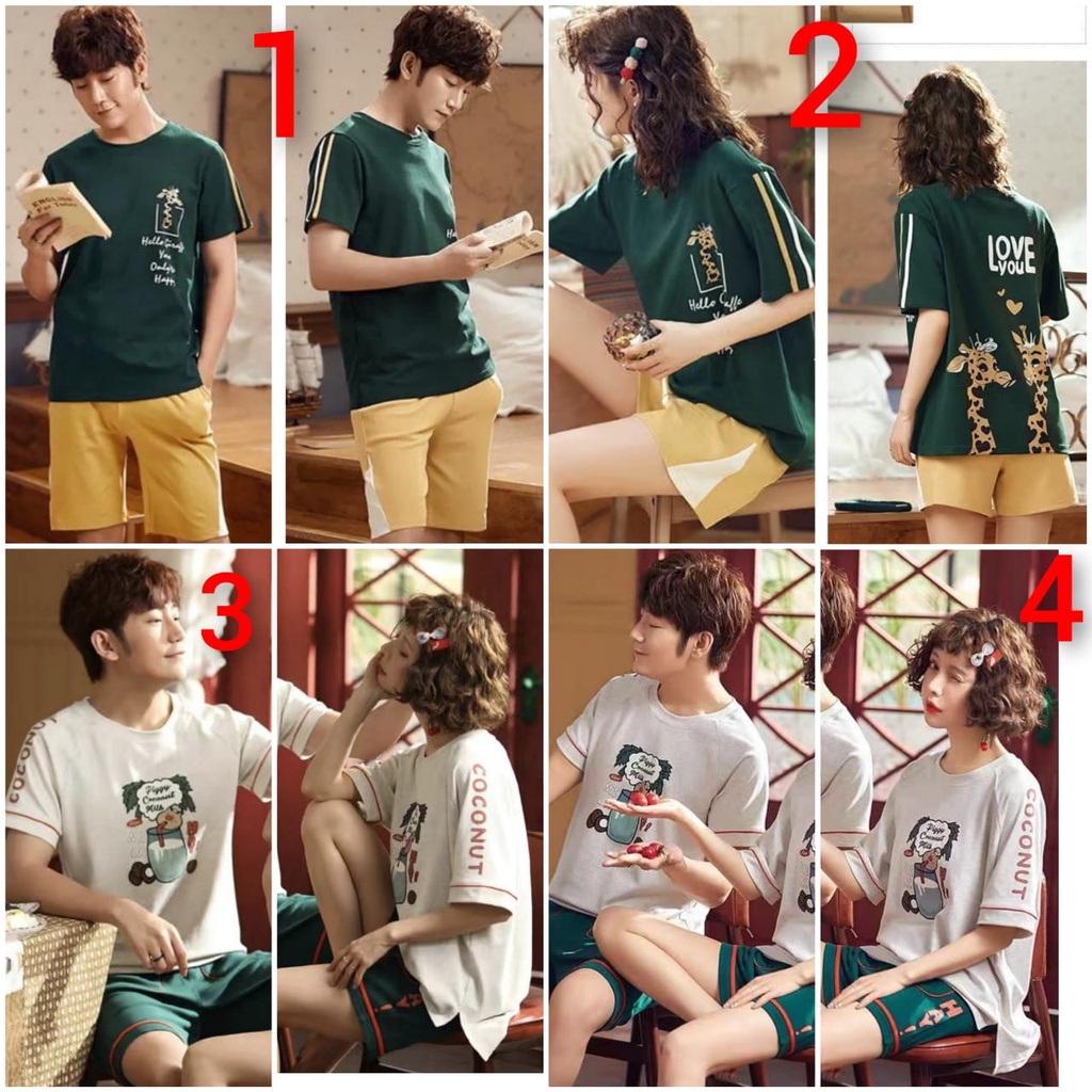 Baju tidur piyama couple bahan kaos import lengan pendek celana pendek HPcouple77