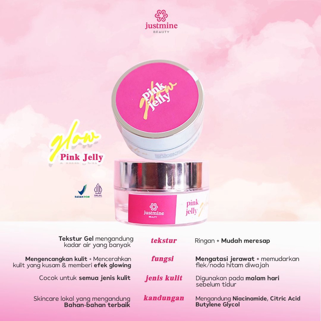 Cream Malam Pink Jelly Glowing Justmine Beauty 15g | Cream Wajah Glowing