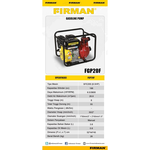 Water Pump 2&quot; 6.5Hp FIRMAN FGP20F / Mesin Fire Pump Pemadam Kebakaran Alkon Pompa Air 2 Inch FGP 20F FIRMAN