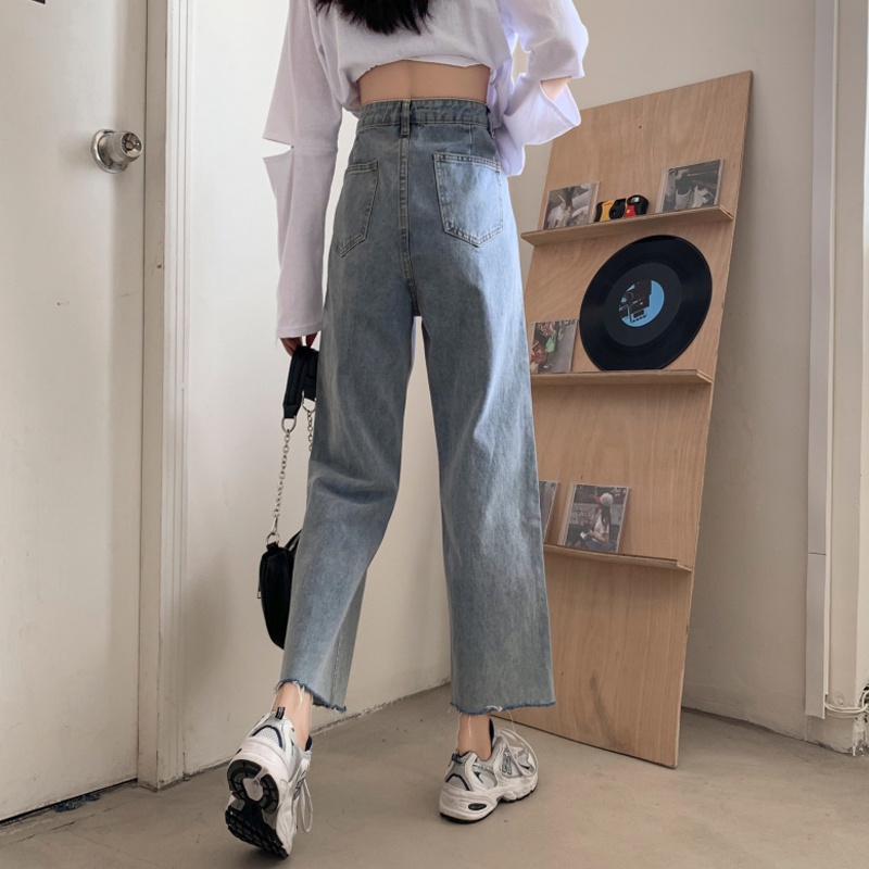 korean style new biru muda straight boyfriend celana jeans longgar wanita