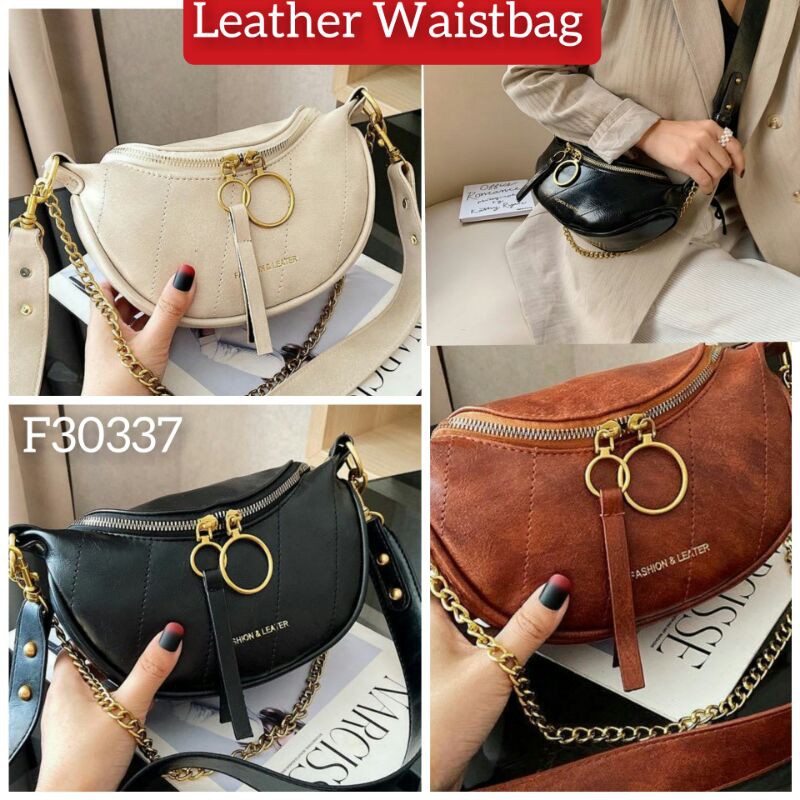 Waistbag Tas Pinggang Cewek Selempang Rantai Leather Premium Elegan Original Import