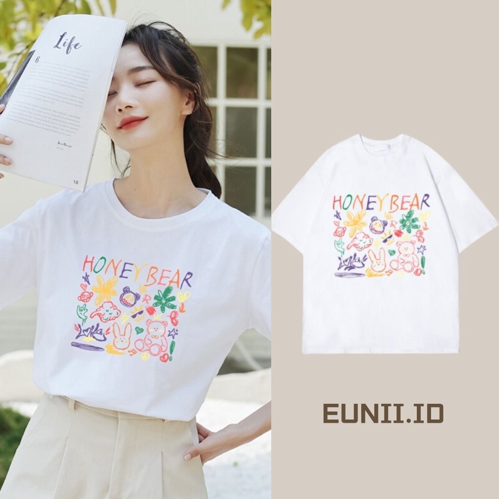 EUNII T-shirt Lengan Pendek Coretan Kartun Pencetakan Longgar Korean Style/Kaos Atasan Wanita/Baju Kaus Oversize Wanita