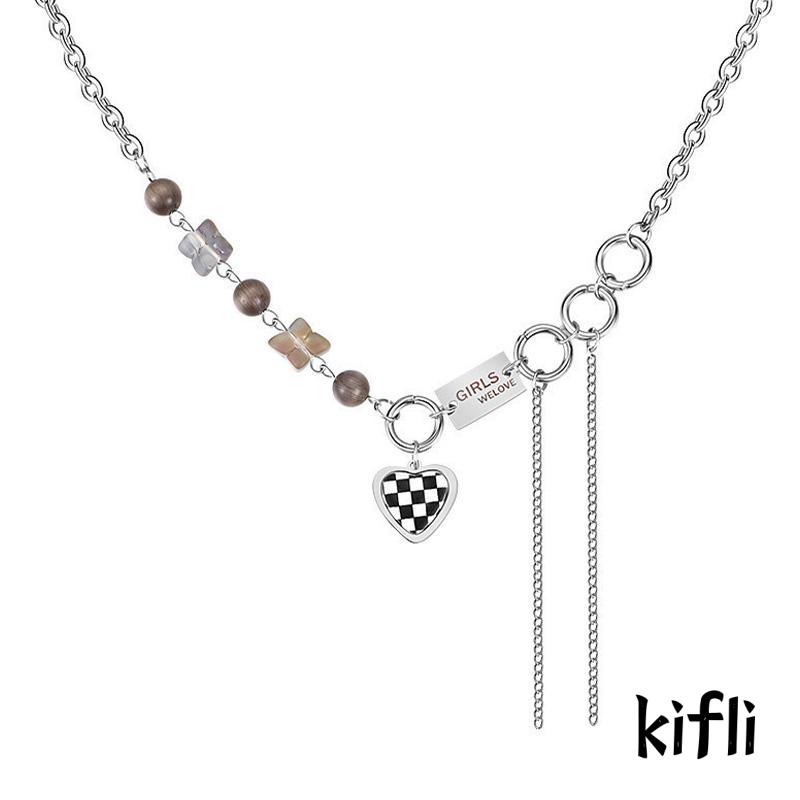 Kalung Rantai Bentuk Hati Motif Kotak-Kotak Gaya Hip hop Untuk Wanita