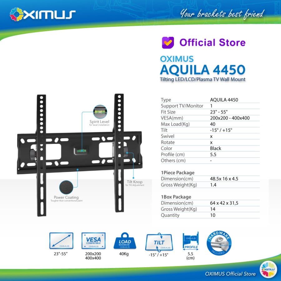 BRACKET TV Tilt LCD LED TV 23" - 55" OXIMUS AQUILA 4450