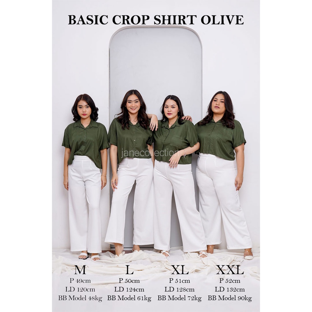 JANE COLLECTION || Kemeja Kerja Wanita Kancing Lengan Pendek M L XL XXL Ukuran Jumbo Oversize Crop Top Katun Rayon - Basic Crop Shirt