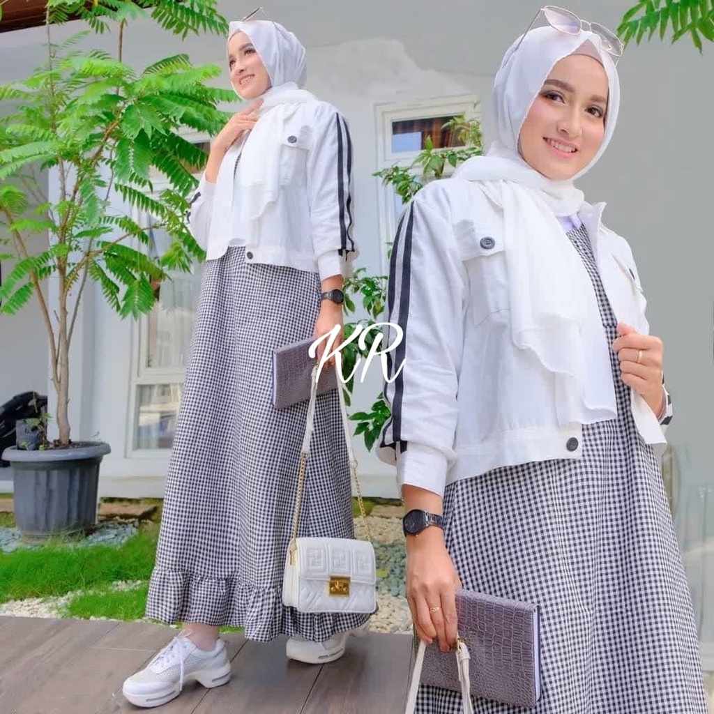 3 UKURAN ( M L XL ) PAKAIAN WANITA DRESS 2IN1 SET CARDI JUNKO KR ADA VIDEO REAL PICT