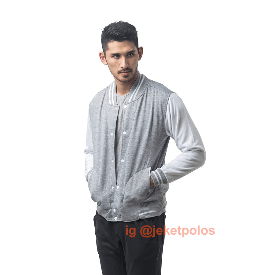 Jaket Sweater Baseball Polos | Abu Muda-Putih - M L XL