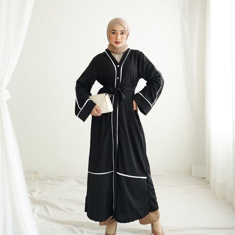 Abaya Monochrome Full Kancing Depan Busui Friendly Fashion Wanita Muslimah