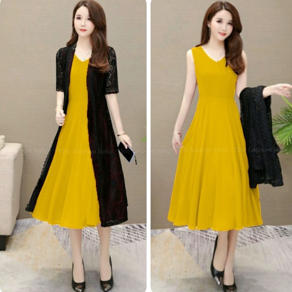 *[VLFK] Stelan Lovita / One Set Panjang Wanita / Setelan Dres dan Longcardi Wanita / Setelan 2in1 Korea