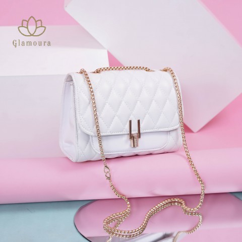 Tas Selempang Slempang Sling Bag Bahu Fashion Slingbag Wanita Kekinian Putih Tali Rantai Gold Murah