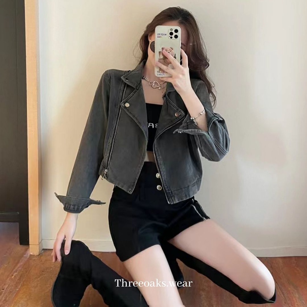 RIDER JAKET JEAN CROP PREMIUM IMPOR DENGAN MODEL SLETING SAMPING DAN KERAH UNIK KOREAN STYLE