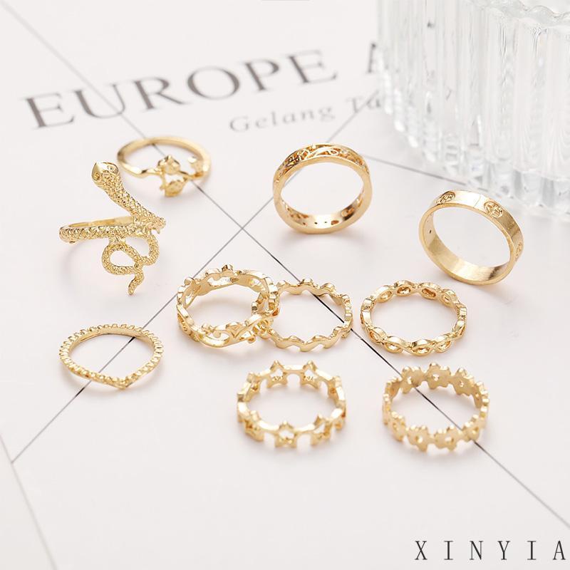 【COD】10 PCS Set Cincin Pentagram Berbentuk Ular Perhiasan Tangan Wanita Temperamen Sederhana Kreatif