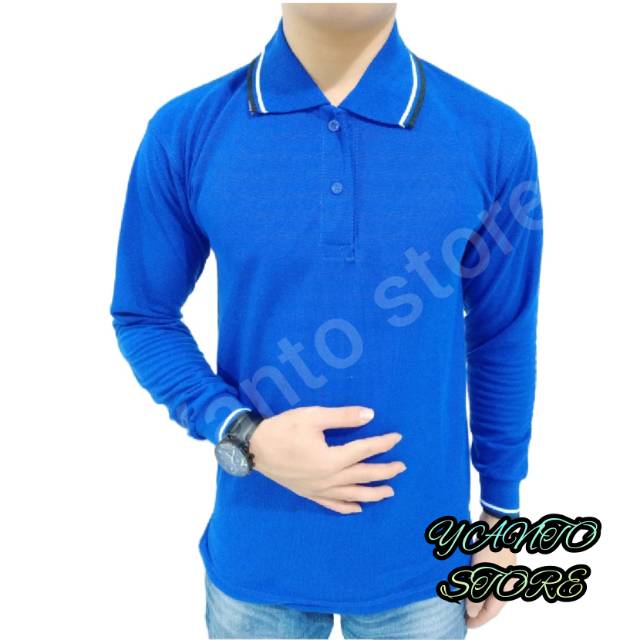 Kaos polos list lengan panjang biru bca