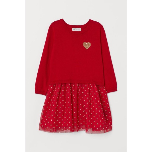 H&M HM red knit tulle dress girl anak perempuan merah