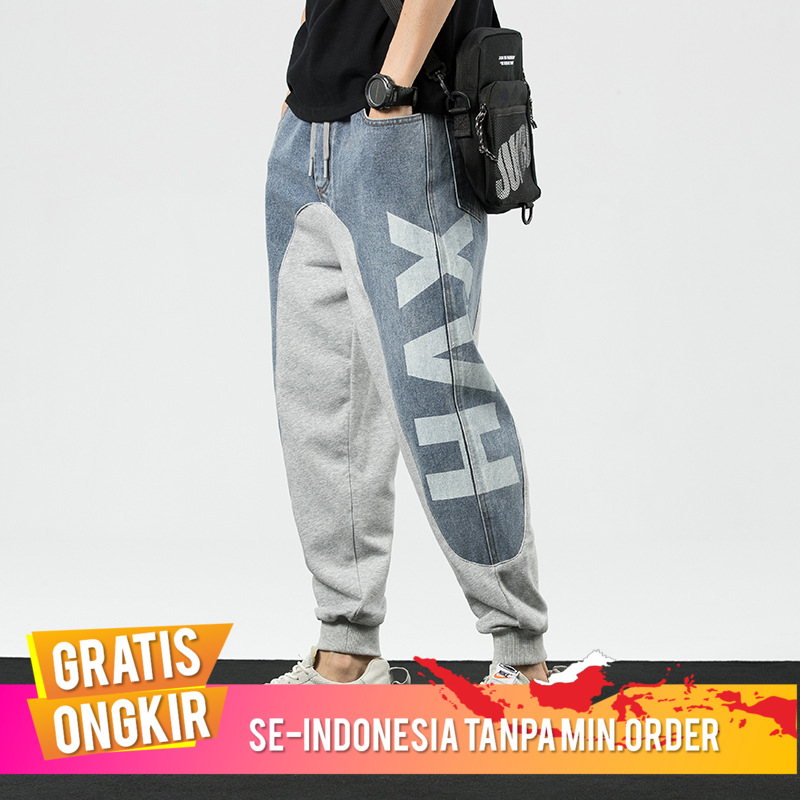 Guochao Celana Jeans Pria Capris Jahitan Warna Kontras Kasual Hip-Hop Ruffian