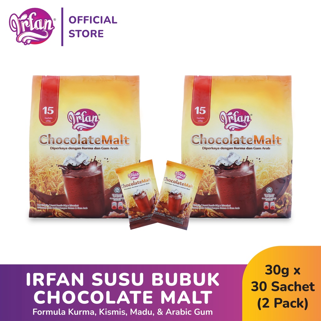 

IRFAN Susu Bubuk Chocolate Malt Formula Kurma & Arabic Gum 30gr x 30s (2Pack)