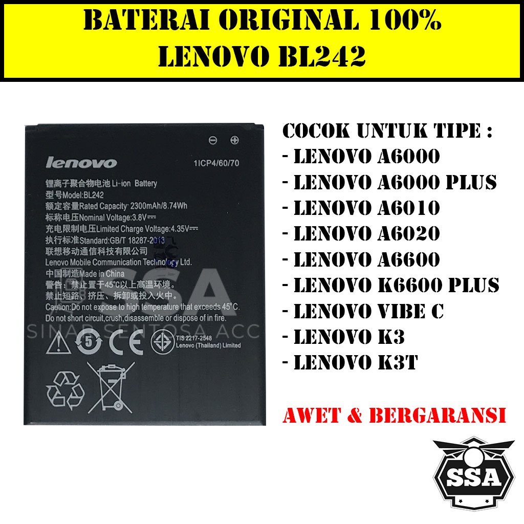 Baterai Original 100% Lenovo BL242 A6000 A6000+ A6010 A6020 A6600 A6600+ A2020 VIBE C K3 K3T A6000 PLUS A6600 PLUS