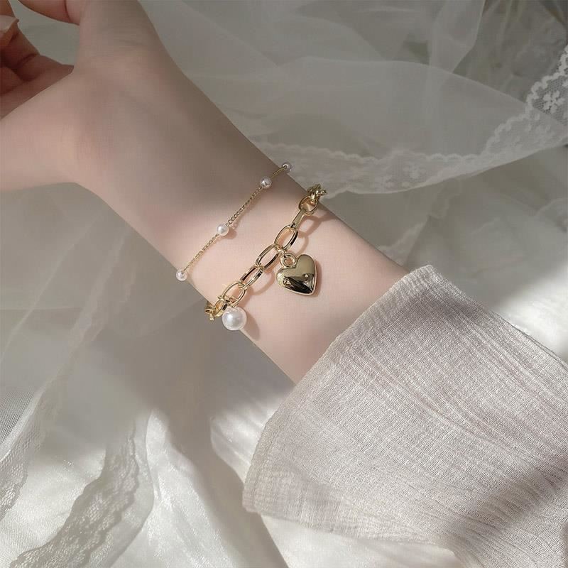 Gelang Mutiara Double Layer Dengan Liontin Hati Untuk Wanita