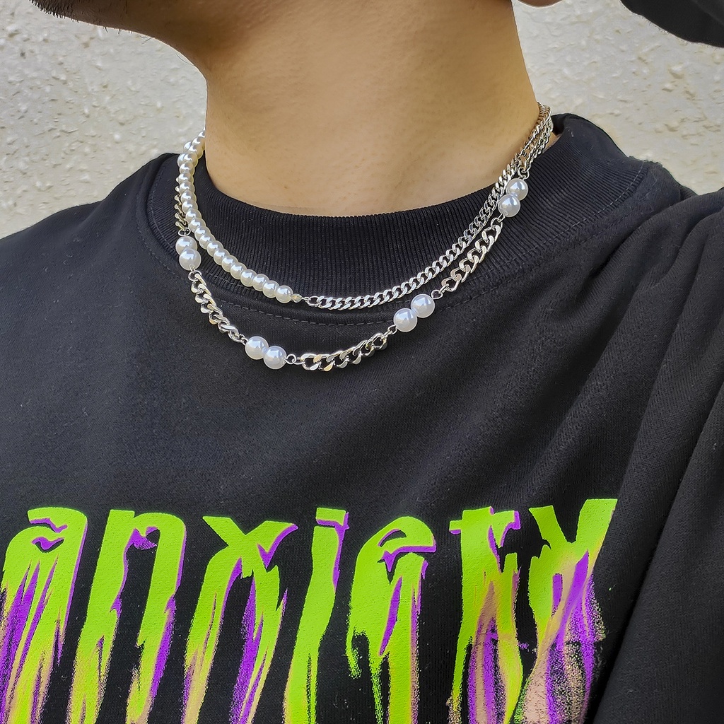 Kalung Mutiara Model Double Layer Gaya Hip Hop