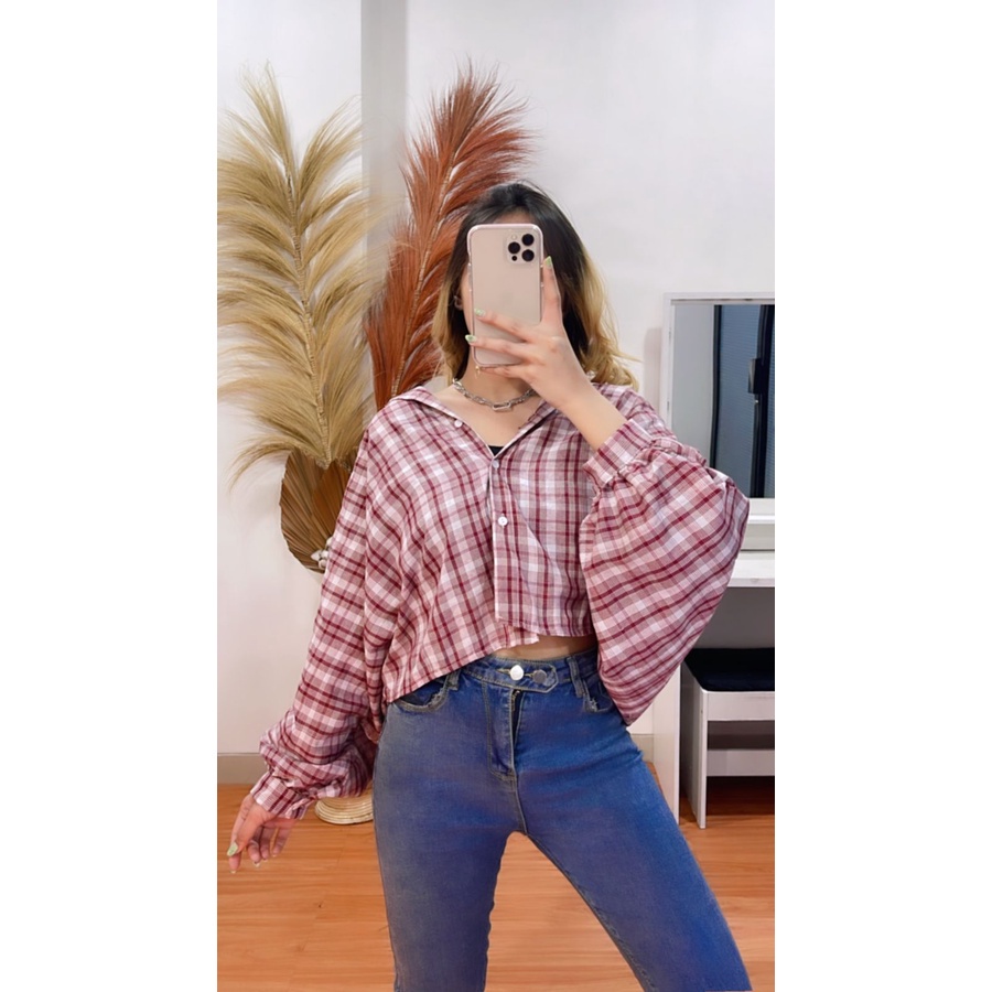 BEFAST - ZRX OOTD Kemeja Wanita MIRA / JENNIE BATWING TARTAN OVERSIZE CROP GRIDY SEMIWOOL FLANEL / Kemeja Flanel Kekiniaan / Keluaran Terbaru / Kem Motif Kotak-Kotak / Trendy / Terlaris / Kem Hangout Wanita Remaja