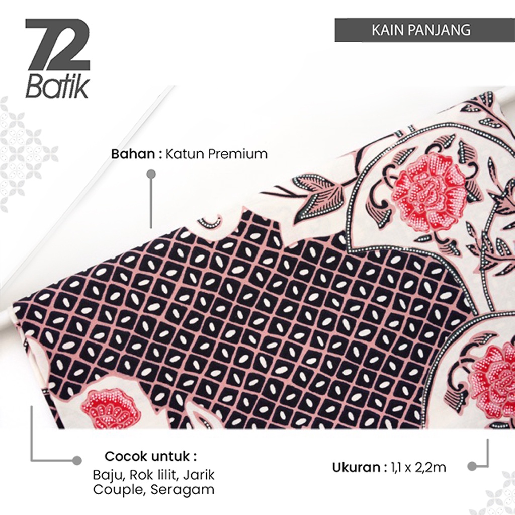 KAIN BATIK PREMIUM Bahan Katun Motif Kembang Beras Tumpah Warna Hitam Merah Putih 729805 CAP 72 - Ja