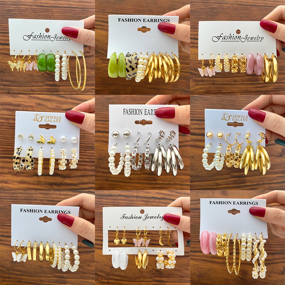 9 Pcs / Set Anting Tusuk Model Kupu-Kupu / Ular Bahan Resin Warna Emas / Silver Untuk Wanita